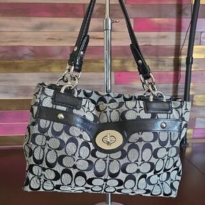 Coach Black and Gray Signature Penelope Satchel With Turnlock